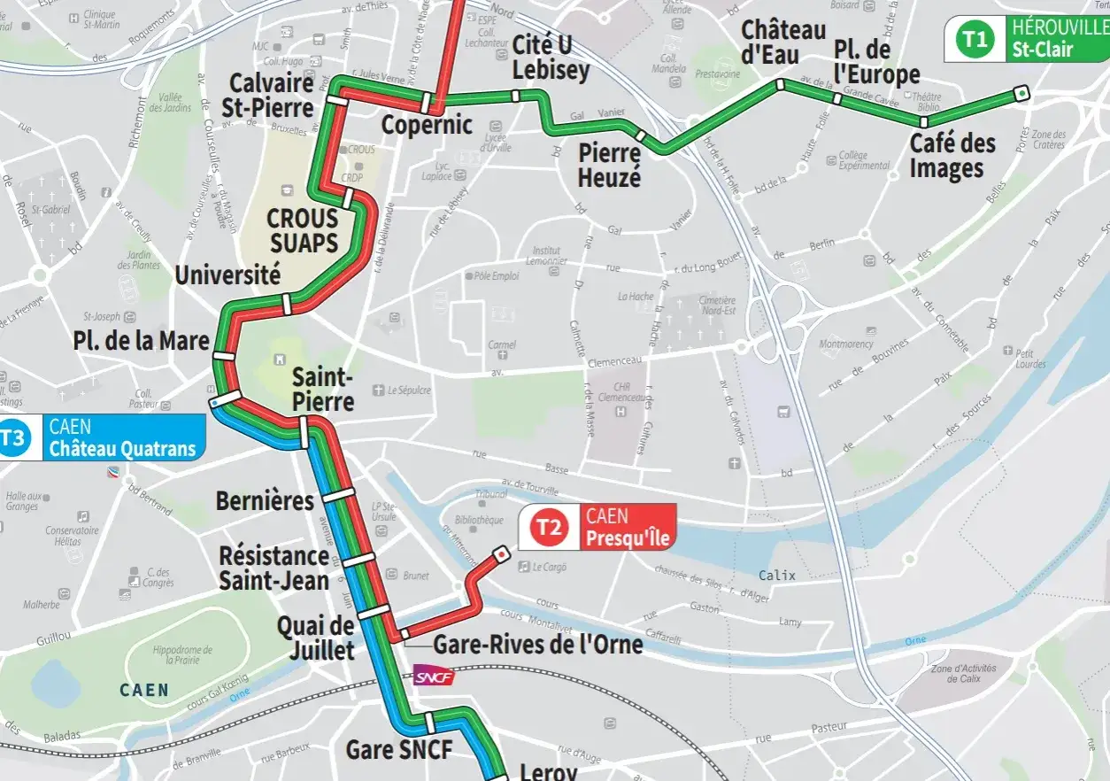 Plan du tramway de Caen, montrant les lignes T1, T2 et T3 traversant la ville, avec des arr&ecirc;ts comme Gare SNCF, Universit&eacute; et Ch&acirc;teau Quatrans.