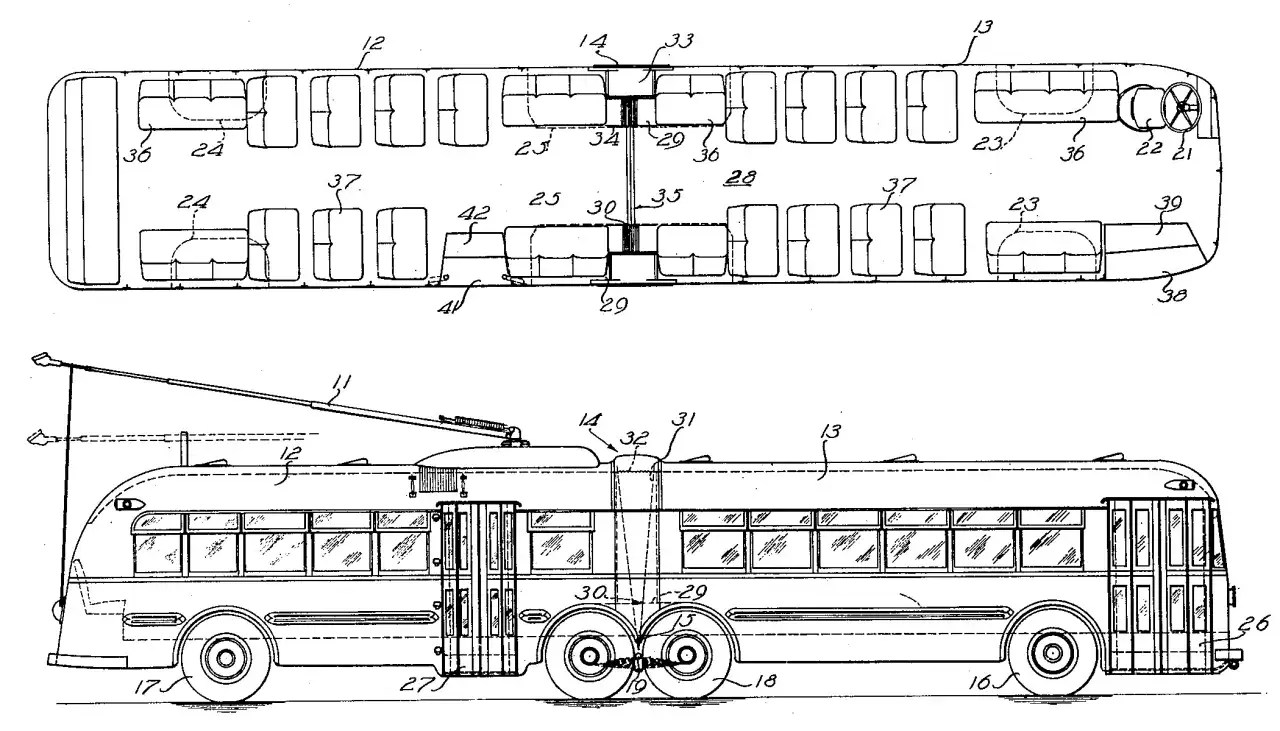 Schéma technique d'un bus articulé, montrant l'agencement des sièges et la structure.