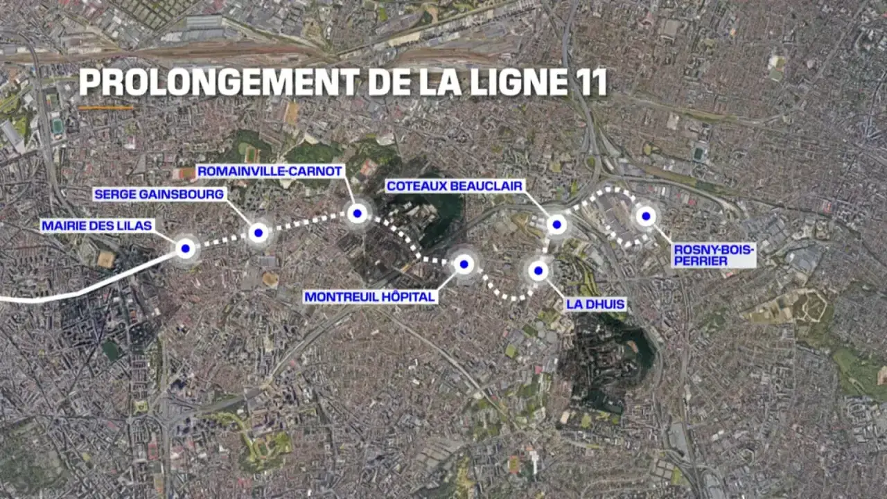 Carte du prolongement de la ligne 11 du métro du Grand Paris, montrant les nouvelles stations : Mairie des Lilas, Serge Gainsbourg, Romainville-Carnot, Coteaux Beauclair, Montreuil Hôpital, La Dhuis, Rosny-Bois-Perrier.