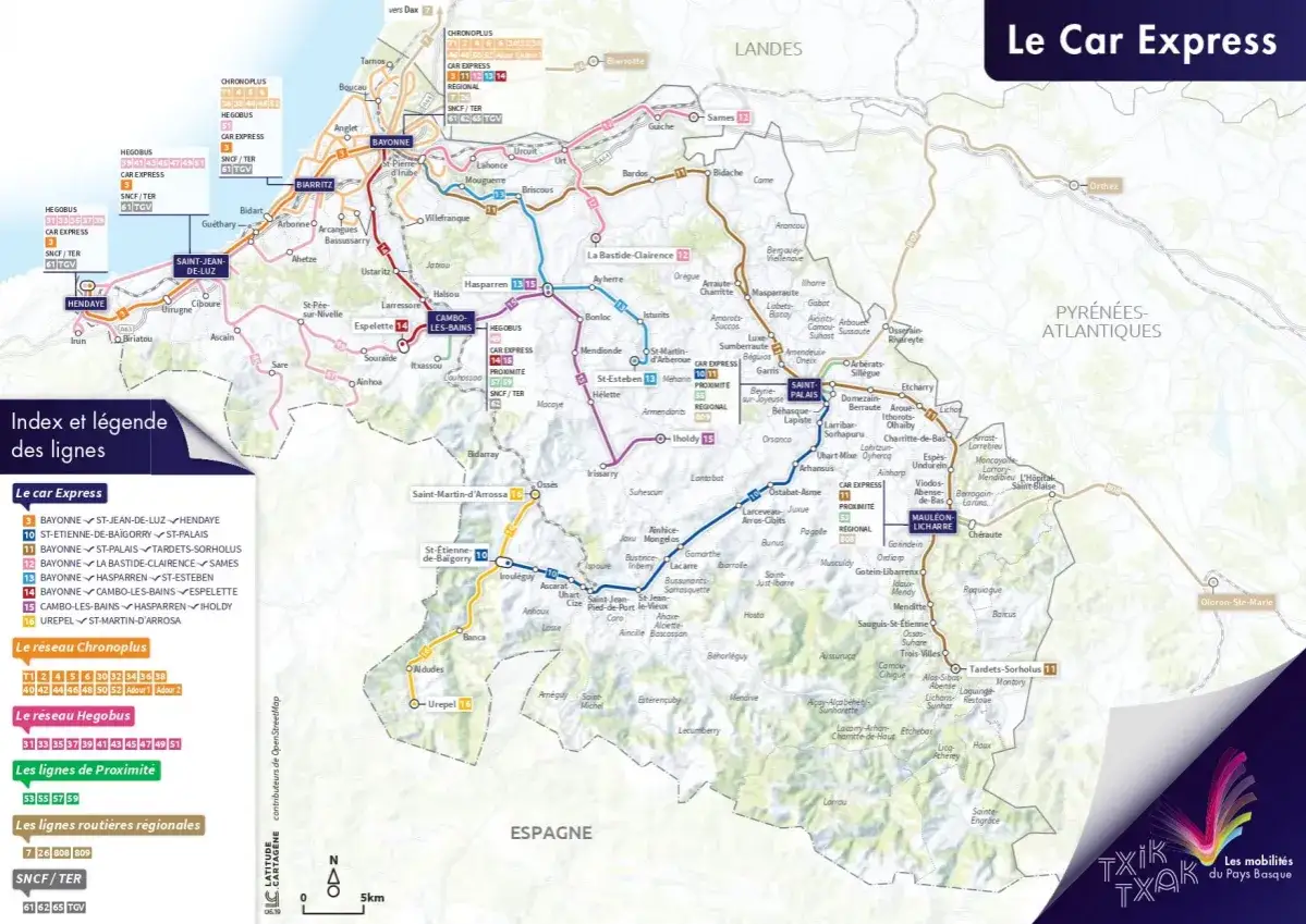 Carte des lignes de transport du Pays Basque, incluant le bus txik txak, avec les réseaux Chronoplus, Hegobus, Proximité et lignes routières régionales.