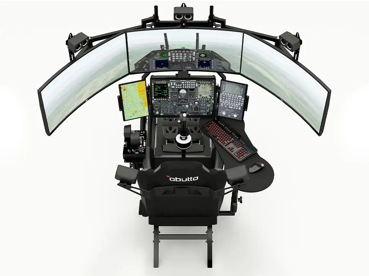 Cockpit de simulation de vol immersif avec écrans multiples, manche, palonnier et clavier. Idéal pour la configuration recommandée de Flight Simulator 2022.