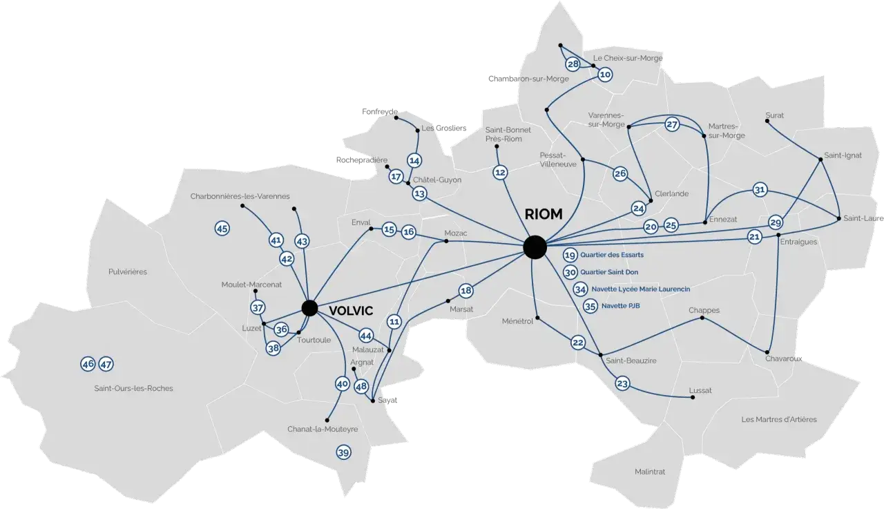 Carte des lignes de bus desservant Riom et ses environs, incluant Volvic et d'autres communes.