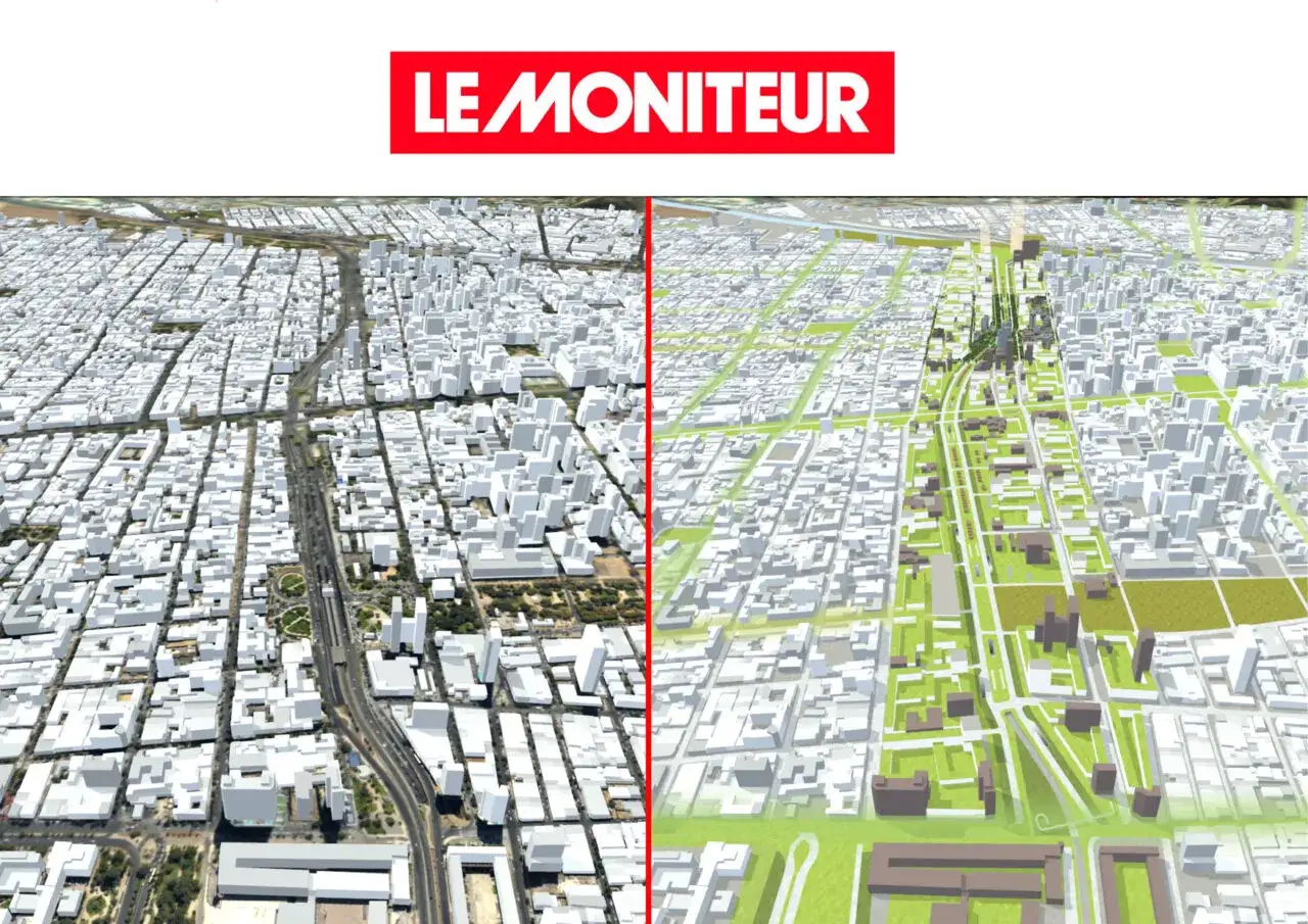 Comparaison de deux visions urbaines : une ville dense et min&eacute;rale face &agrave; un projet int&eacute;grant des technologies de rupture pour plus de verdure et de fluidit&eacute;.