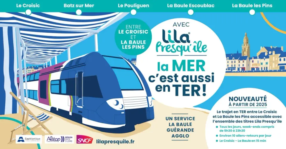 Un train Lila Presqu'île arrive en gare, prêt à vous emmener vers la mer. Profitez de ce nouveau service TER pour découvrir Le Croisic et La Baule.